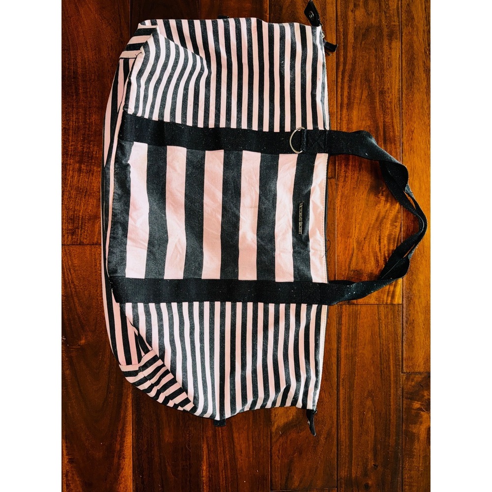 Victoria's Secret Duffel Bag Womens Large Pink Black Striped Good Canvas Travel